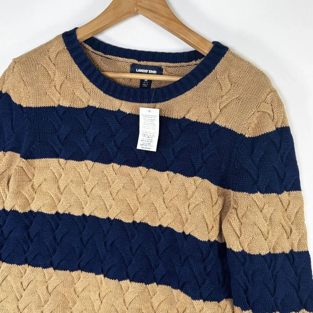Lands End Women Drifter Sweater Medium Blue Tan Stripe Braided Cable Knit Preppy